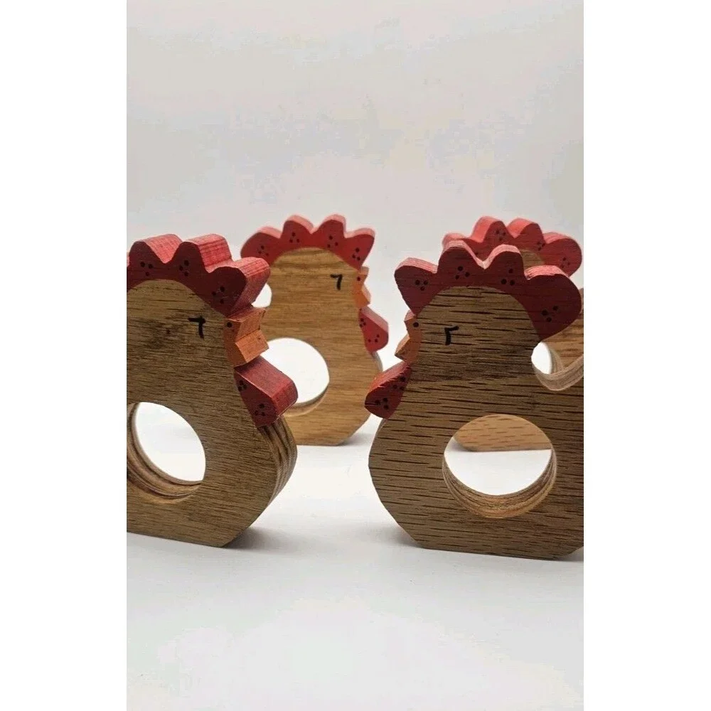 Set of 4 Wood Chicken Napkin Rings Hand Painted Country Farmhouse Decor Vtg